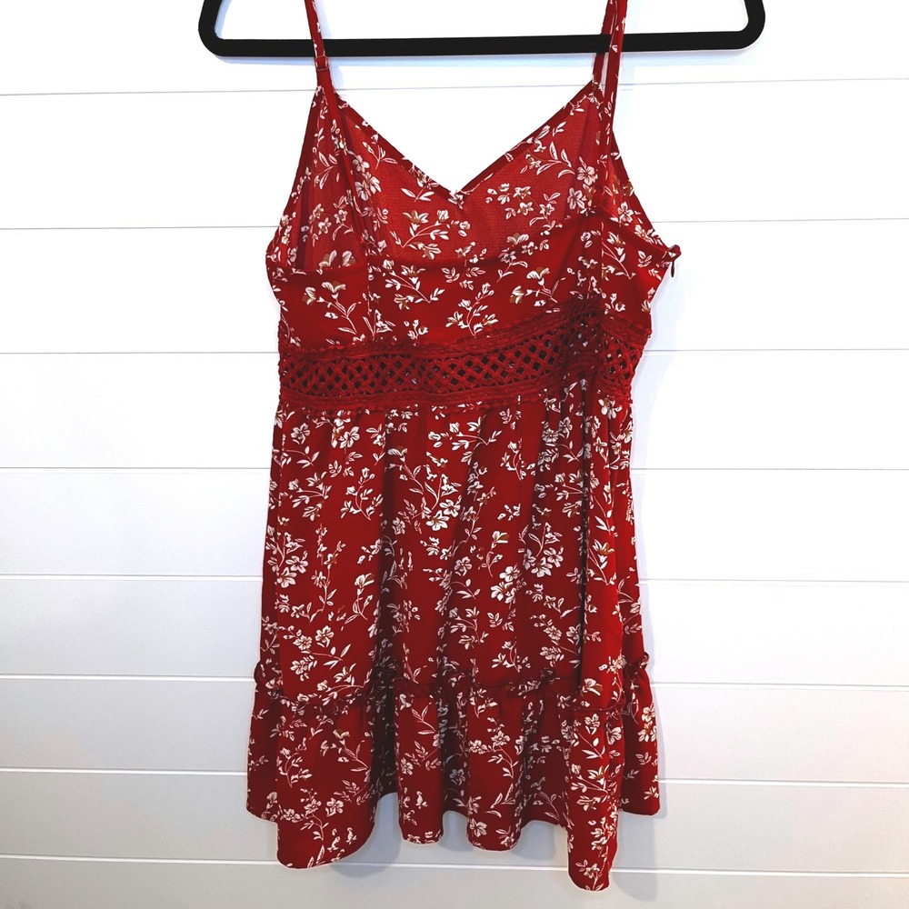 Womens Red Floral Print Mini Dress Spaghetti Straps Crochet Summer Sundress L - Picture 11 of 12